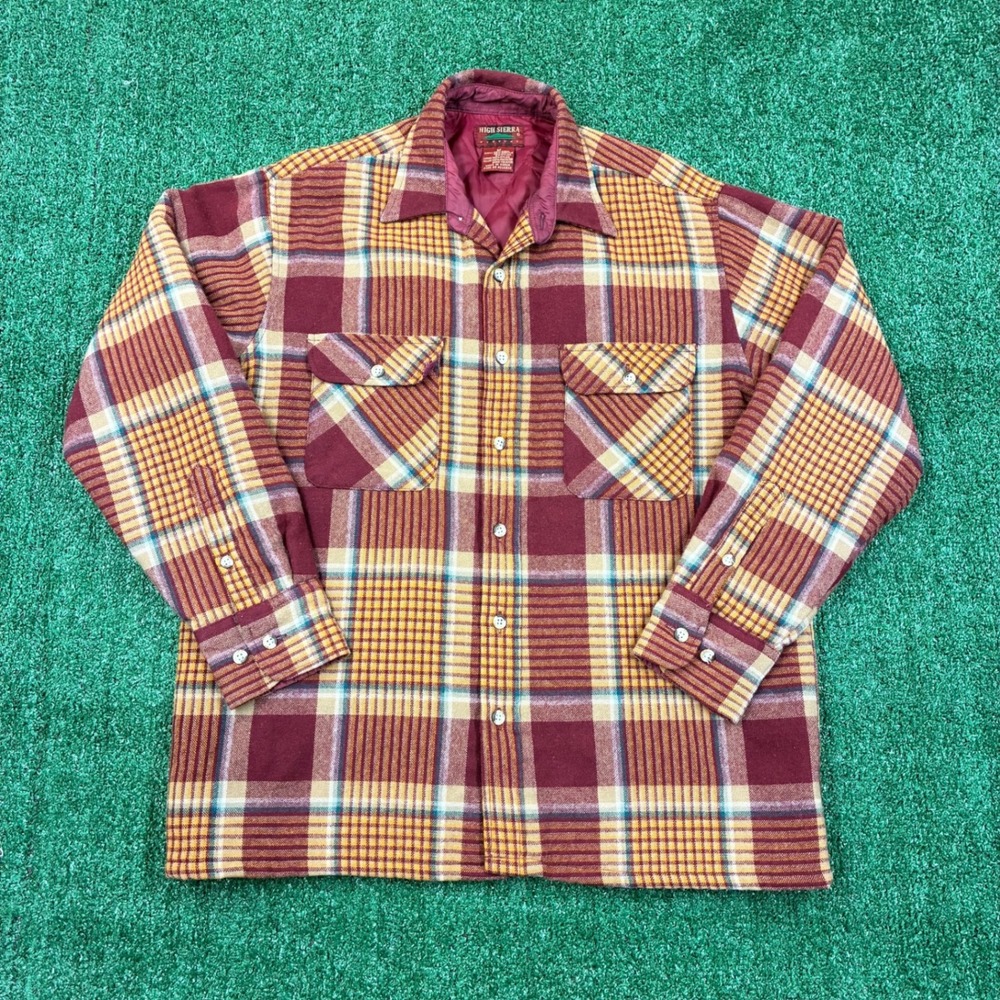 Vintage High‎ Sierra Flannel Shirt Jacket Burgundy Yellow Plaid Wool Blend